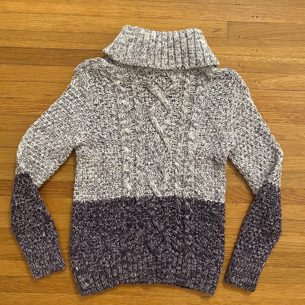 Vince Sweater Womens Medium Gray Purple Cable Knit Turtleneck Marled Colorblock - Picture 9 of 10